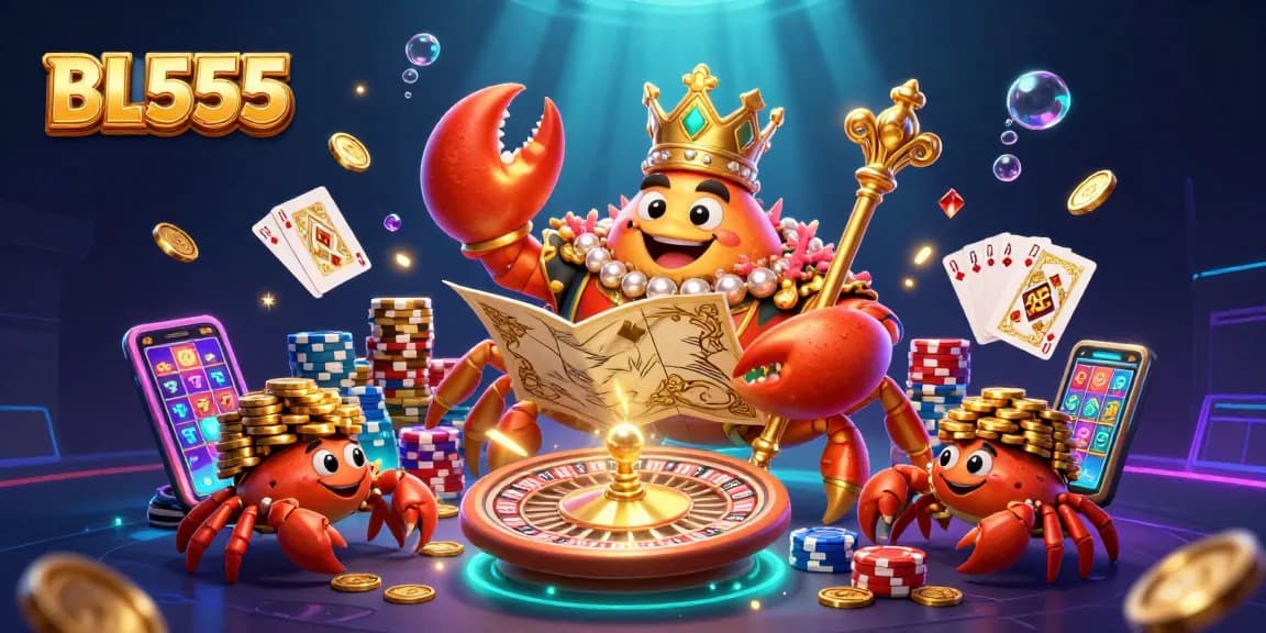 Experience the excitement of BL555 with a dynamic underwater casino scene featuring a golden crab emperor and enchanting casino elements.