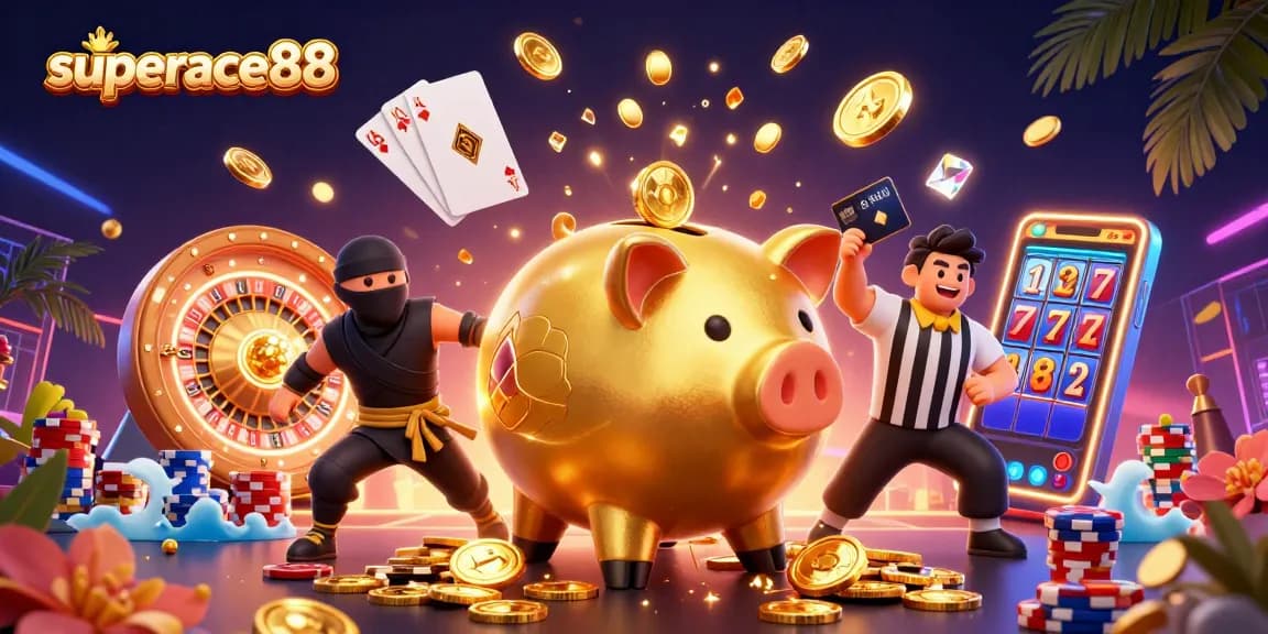 Engage with superace88's thrilling gaming atmosphere featuring a dynamic scene with a sumo wrestler, ninja, and referee.