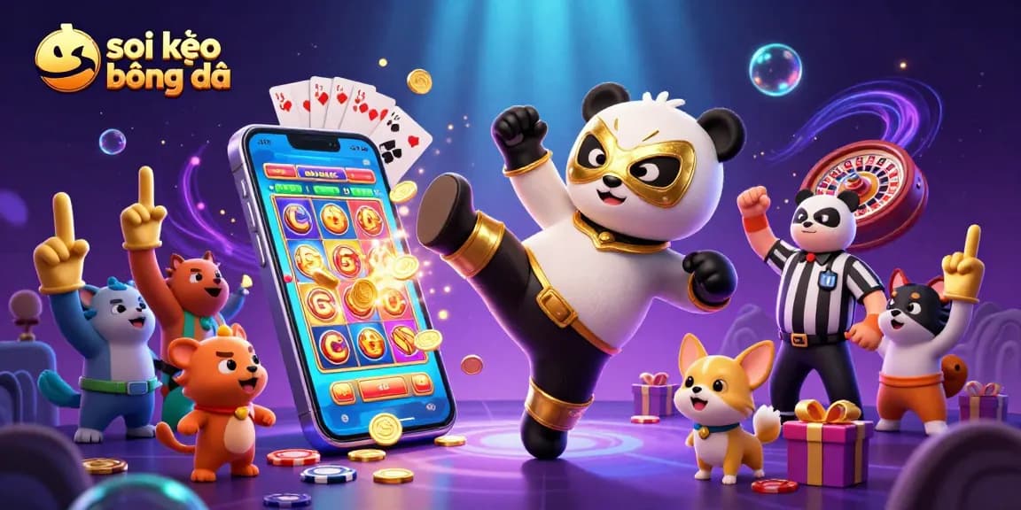 Soi kèo bóng đá: Engaging animals cheer as panda wrestler performs a flying kick in a dynamic gambling scene.