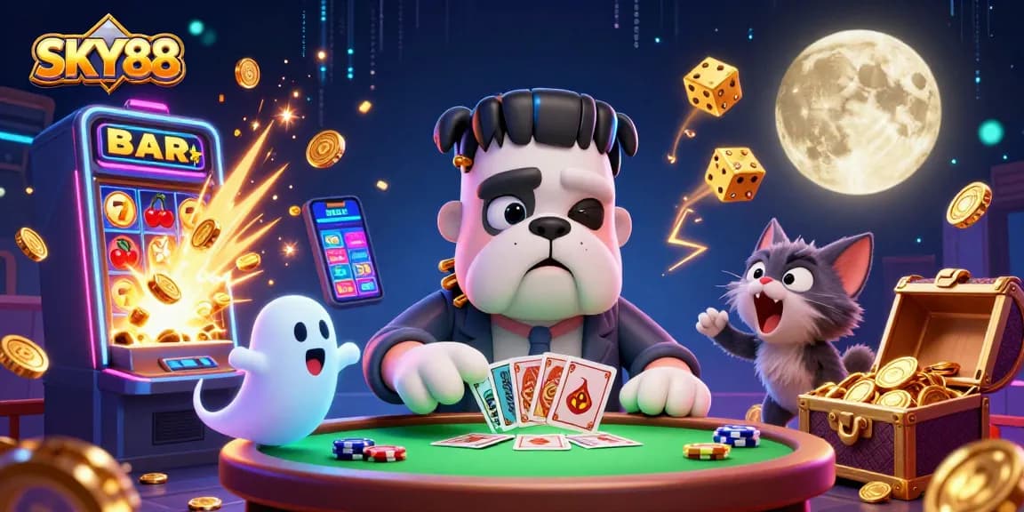 Engage in exciting SKY88 gaming with a 3D cartoon scene of monsters and casino elements bursting with thrills.