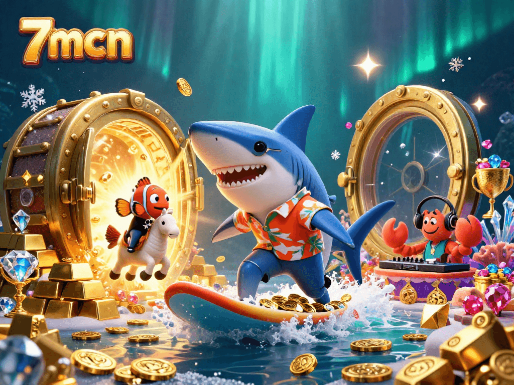 Experience thrilling gameplay with 7mcn as a shark surfs on gold coins in this vibrant illustration.