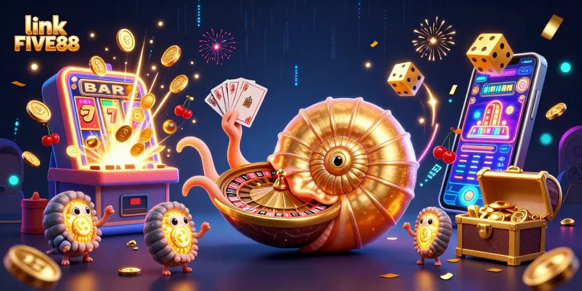 Engage with link FIVE88's vibrant casino world featuring an ancient nautilus and energetic slot machines.
