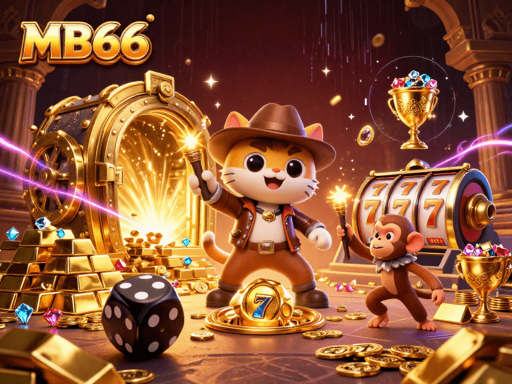 MB66 thrillingly showcases a cat archaeologist discovering treasures at a vibrant casino temple.