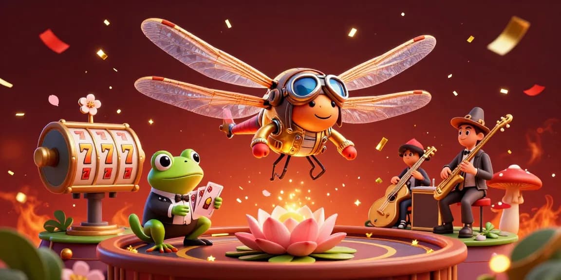 X88 Casino: Dragonfly pilot and frog dealer create a vibrant card game atmosphere.