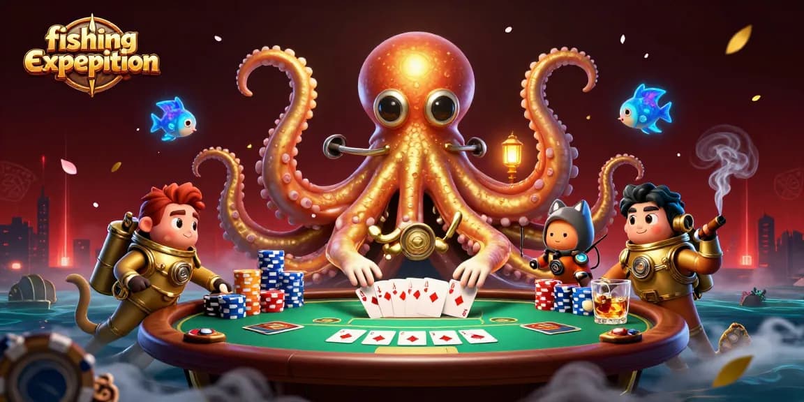 Experience an engaging fishing expedition with a kraken, diving cat, and dynamic poker setup.