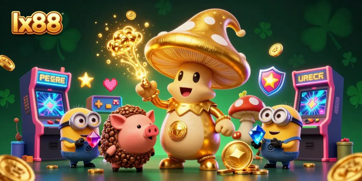 Experience the magic of lx88 with a golden wizard surrounded by vibrant gaming elements.