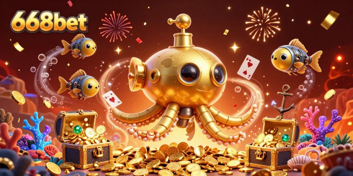 Engage with 668bet as a vibrant underwater casino scene features a golden kraken submarine amidst treasure and playing cards.