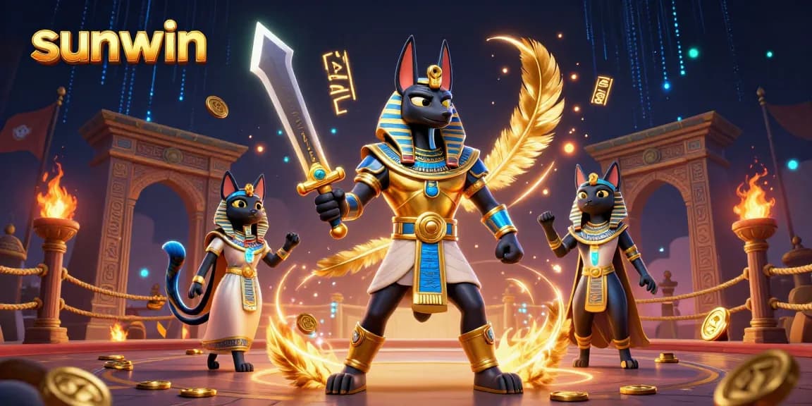 Engage with sunwin's thrilling casino scene featuring Anubis and bastet amidst glowing hieroglyphs and dynamic game elements.
