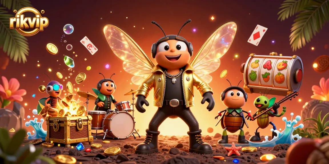 Experience the vibrant world of rikvip with a lively 3D casino scene featuring a rock star cicada.