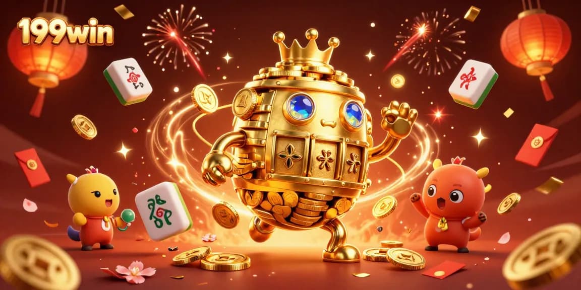 Experience the excitement of 199win with a vibrant illustration of a golden golem and festive gaming elements.