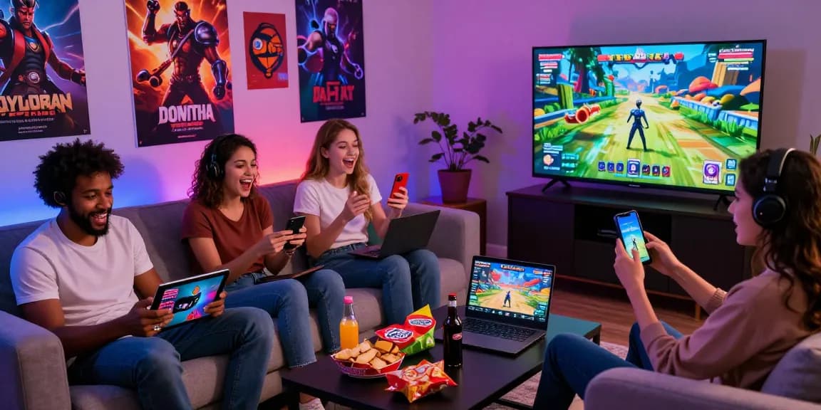Adults playing interactive porn games in a cozy gaming setup with vibrant atmosphere.