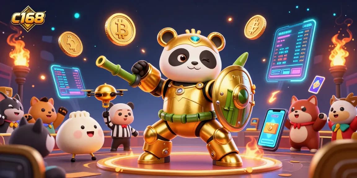 Engage in thrilling gameplay at c168 with a vibrant casino scene showcasing a mech-suit panda in an arena.