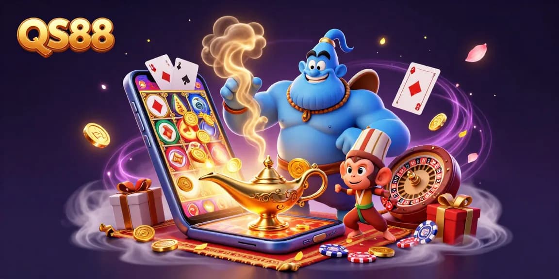 Experience the thrill of QS88 with a magical scene featuring playful characters and vibrant casino elements.
