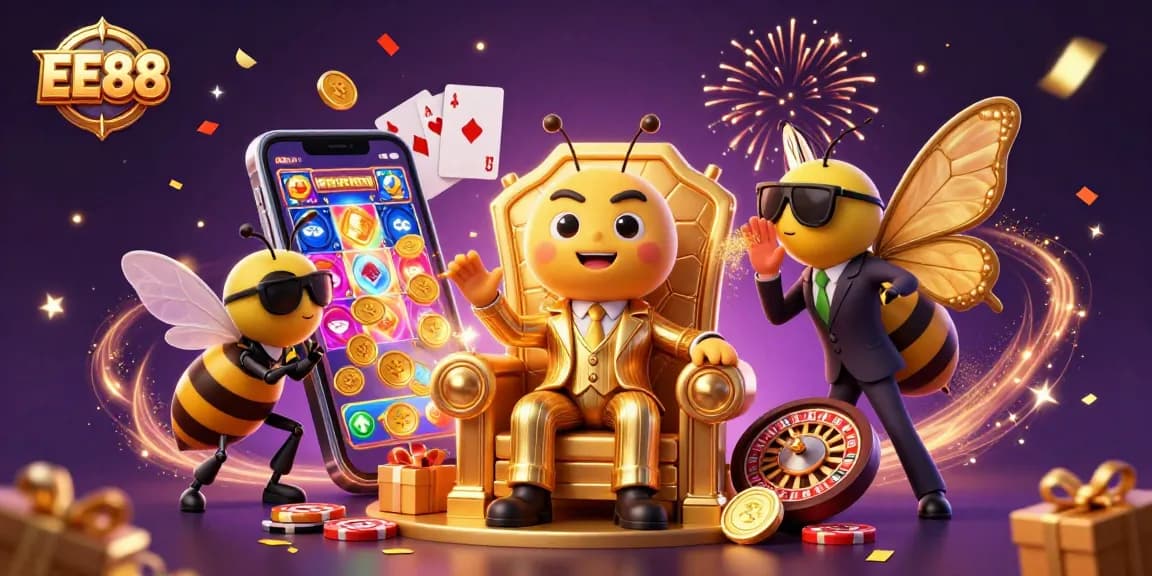 Spin the reels of EE88 with a bumblebee mob boss and sparkling casino elements in a festive atmosphere.