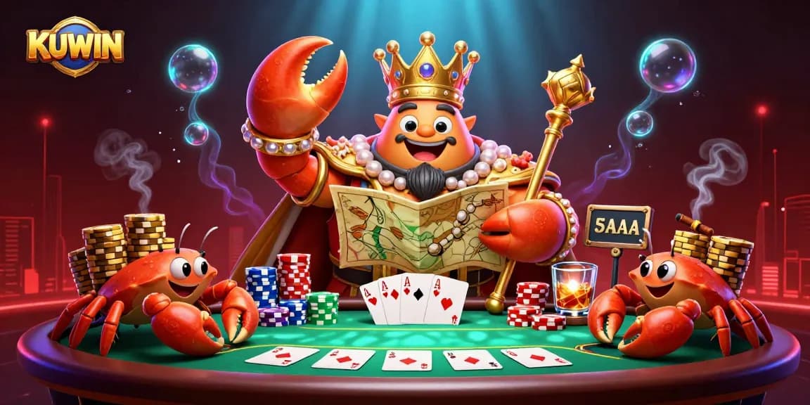 Engage with KUWIN's vibrant casino world featuring a golden crab emperor and poker elements.