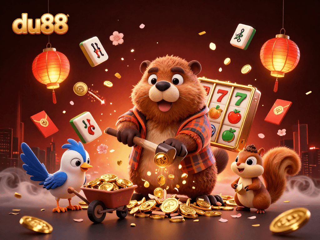 Experience du88's exciting gold rush with a lively beaver and friends collecting coins.