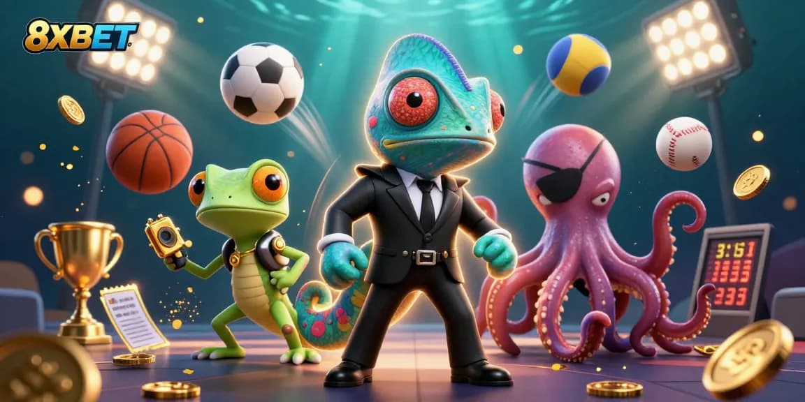 Engage with 8XBET's thrilling casino experience alongside dynamic secret agent characters in a rich 3D illustration.