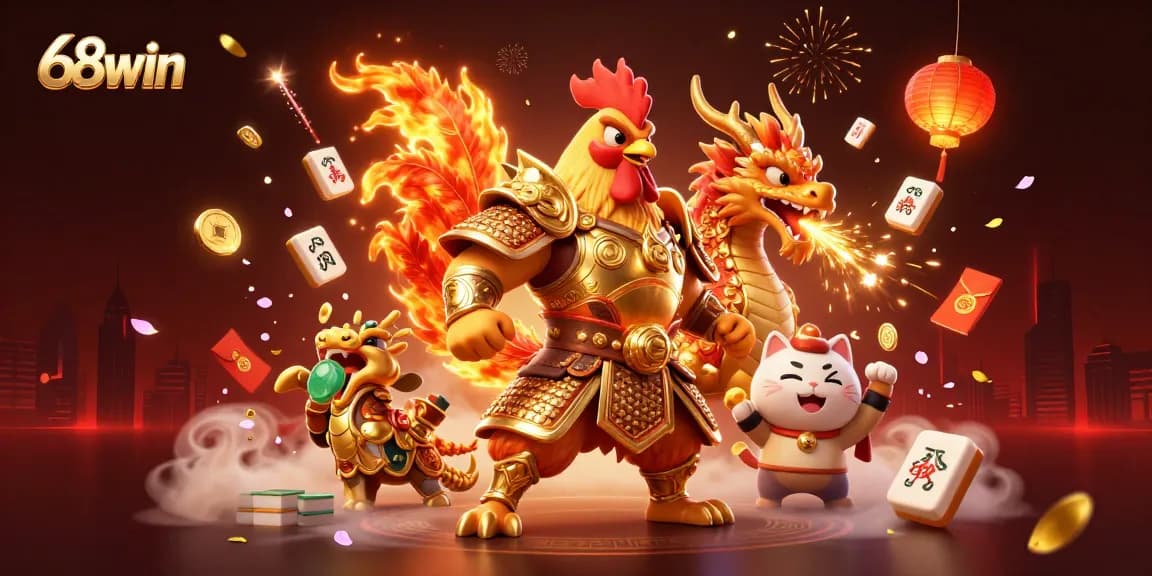 Experience thrilling gaming action with 68win’s vibrant rooster warrior and dragon hatchling.