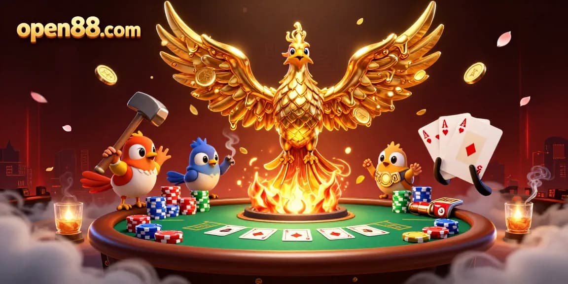 Experience the thrilling action at open88com with vibrant poker scenes featuring golden phoenix and sparrow assistants.