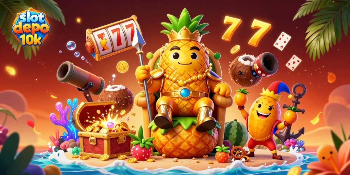 Experience the excitement of slot depo 10k with a vibrant casino scene featuring a golden pineapple king and dynamic slot elements.