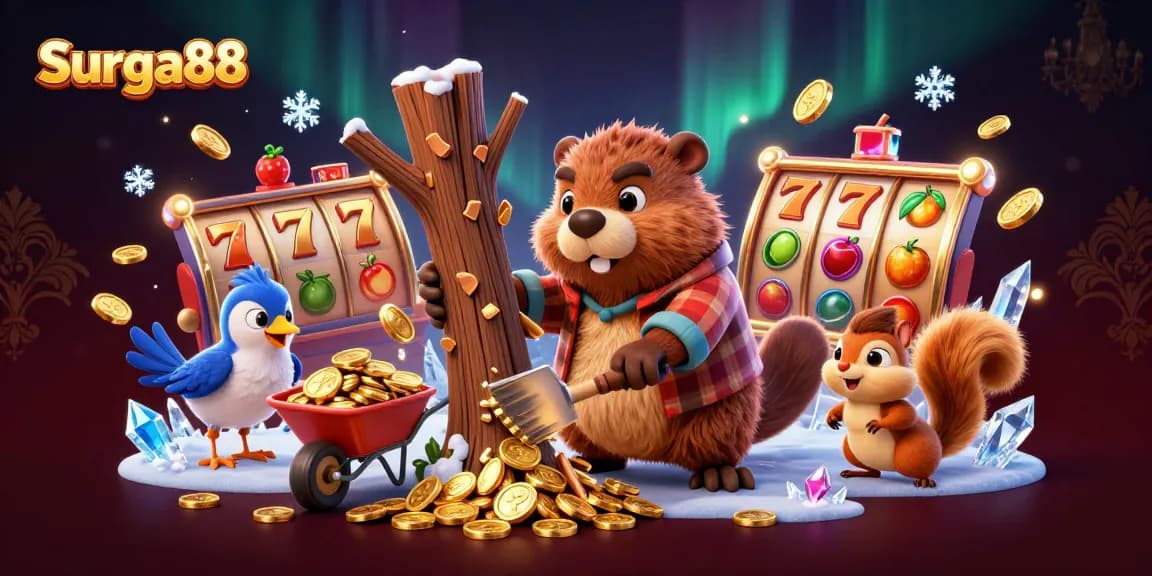 Win big with Surga88 featuring a lumberjack beaver, coins, and vibrant slot game elements.