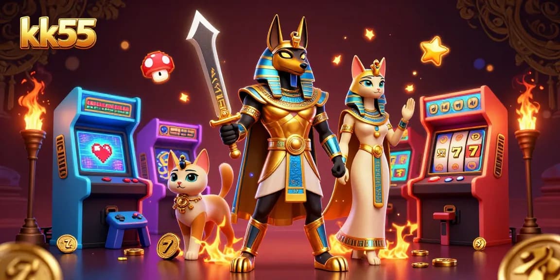 Win big with kk55 in an ultra-detailed 3D casino scene featuring Anubis and Bastet amidst gaming excitement.