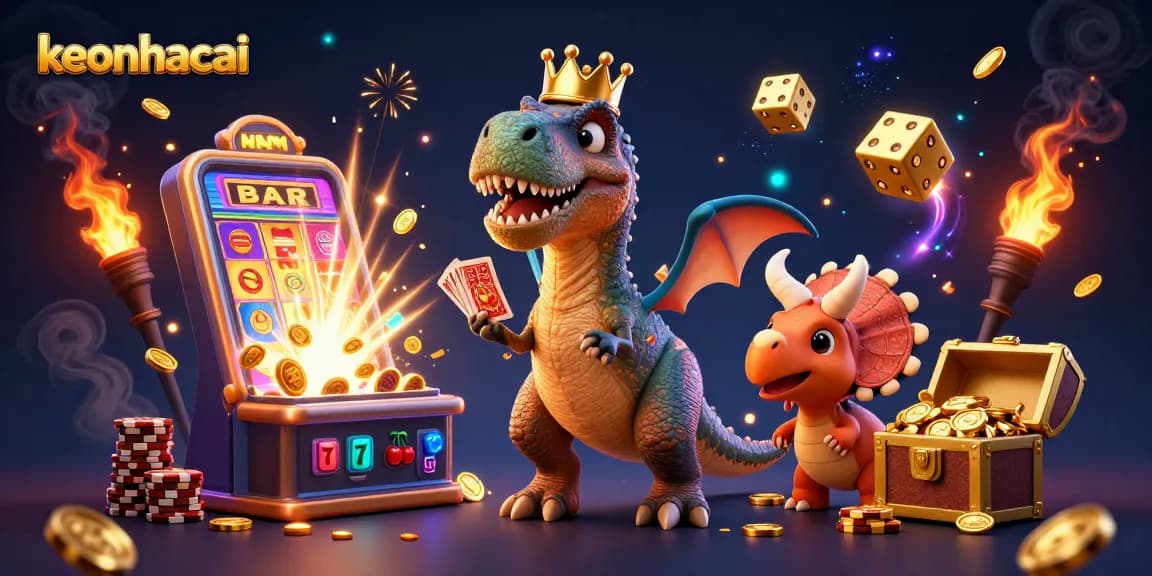 Engage in keonhacai with a cartoon T-Rex shuffling cards and a treasure chest bursting with winnings.