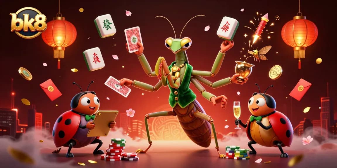 Experience excitement at BK8 with a vibrant 3D scene showcasing a giant praying mantis dealing cards and chips.
