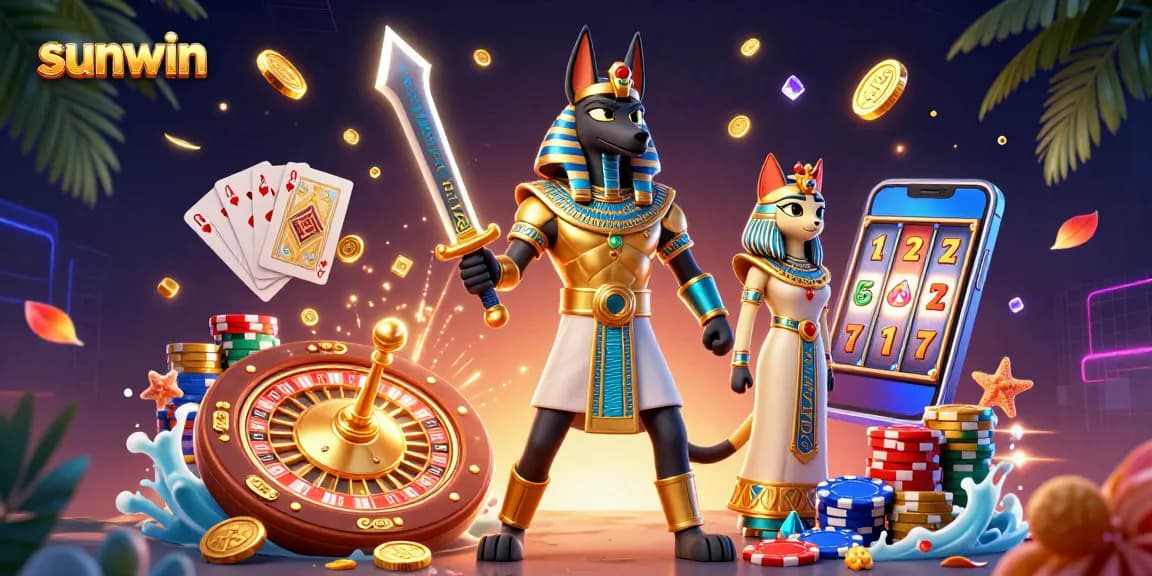 Spin the sunwin slots with Anubis and Bastet in a vibrant 3D casino scene.