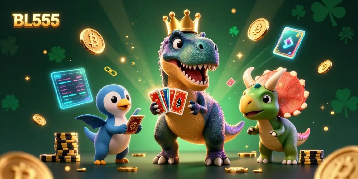 Engage with exciting BL555 casino scenes featuring animated dinosaurs and crypto elements.