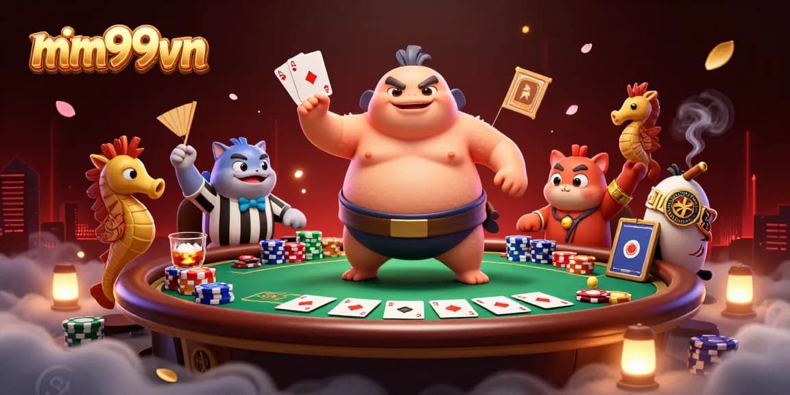 Engage in thrilling poker action with mm99vn's vibrant casino scenes featuring diverse aquatic characters.