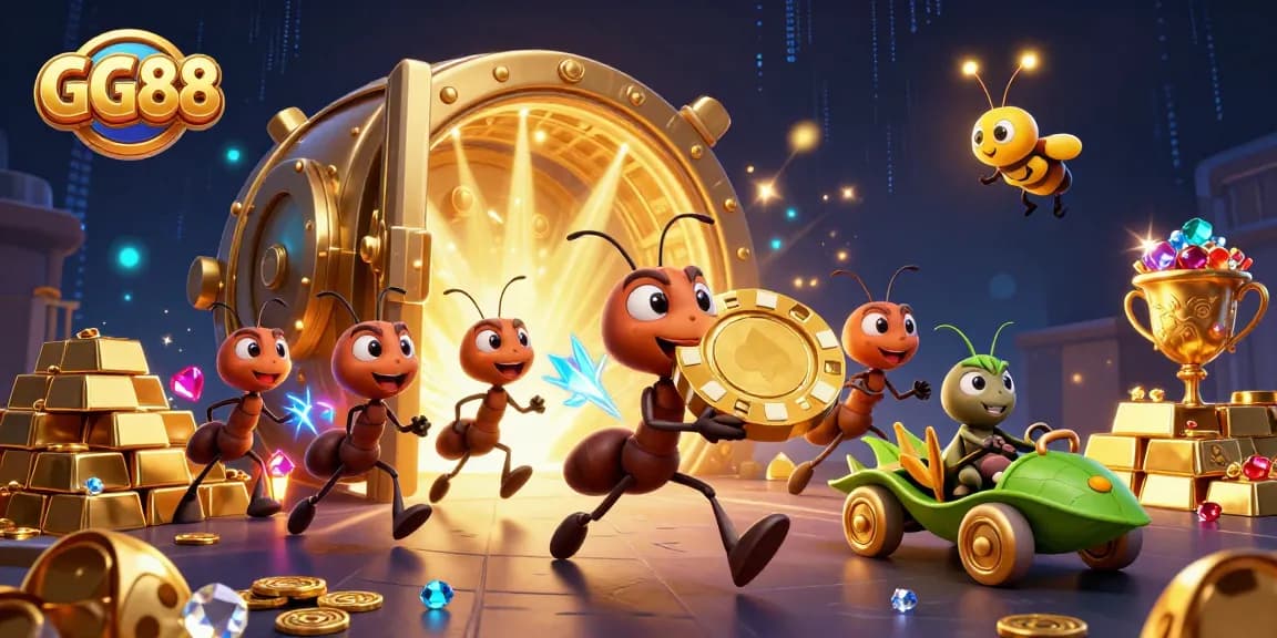 Experience thrilling gameplay at GG88 as cartoon ants carry a massive poker chip through a treasure tunnel.