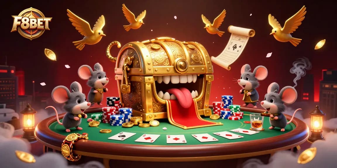 Experience excitement with F8BET's captivating 3D casino scene featuring poker elements and treasure.