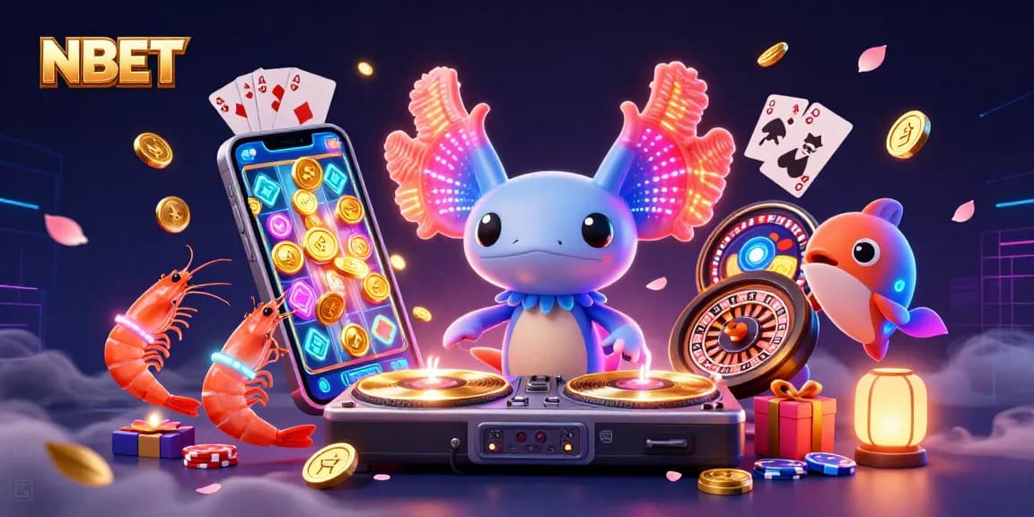 Experience NBET with a vibrant 3D casino scene featuring a DJ axolotl and energetic shrimp dancers.
