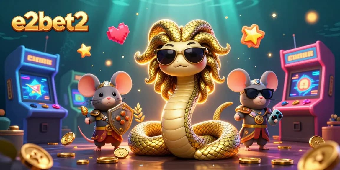 Engage with e2bet2's thrilling environment featuring Medusa and a warrior mouse amidst colorful gaming elements.