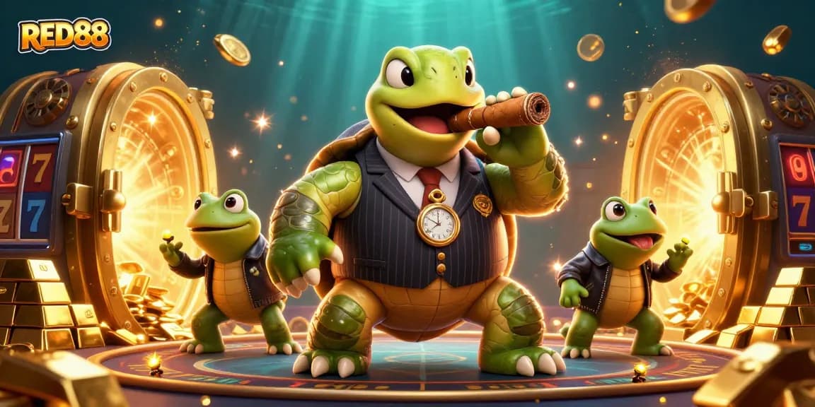 Engage with RED88’s vibrant casino atmosphere featuring a mobster turtle and bullfrog enforcers.