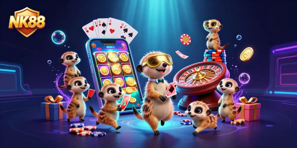 Experience the dynamic energy of NK88's vibrant casino with meerkats and exciting gaming elements.