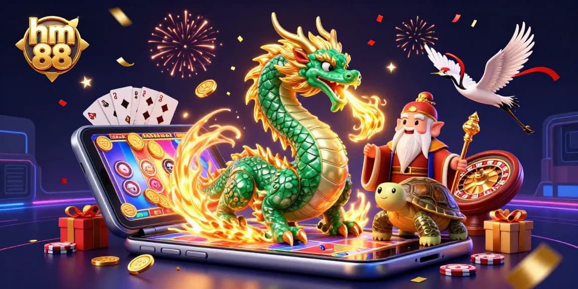 Experience the thrill of gaming with hm 88, featuring a dynamic 3D scene of a jade dragon and lucky cranes.