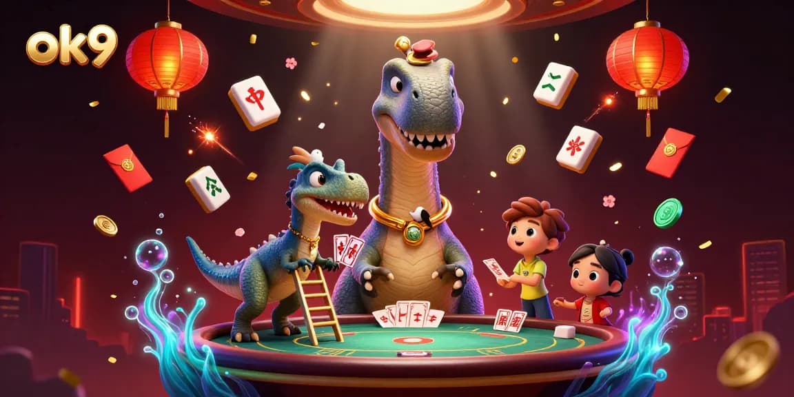 Join the thrilling action at ok9 online casino with a 3D brontosaurus dealing cards amidst festive decorations.
