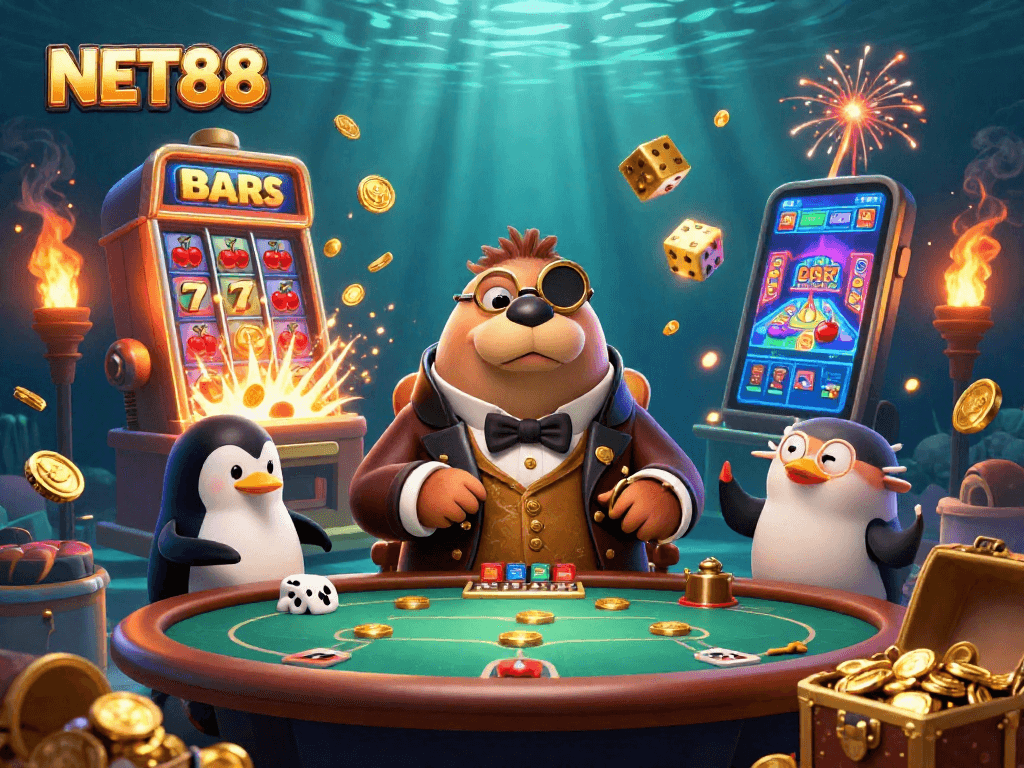 NET88 showcases a jolly walrus at a poker table, surrounded by a penguin dealer and a bluffing pufferfish.