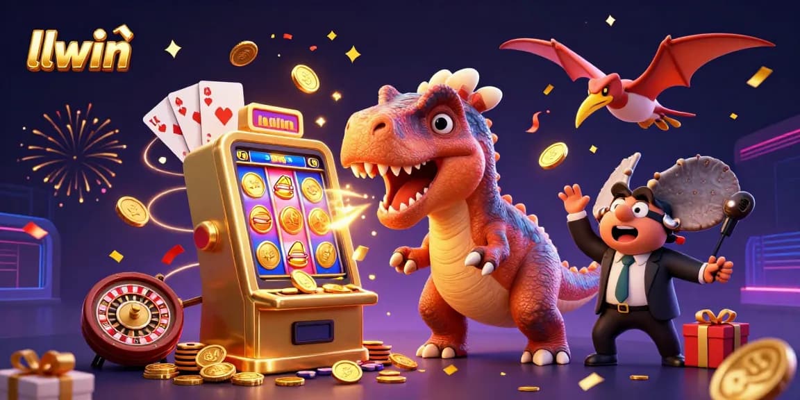 Experience big wins at llwin with dinosaurs celebrating jackpot coins in a vibrant casino scene.