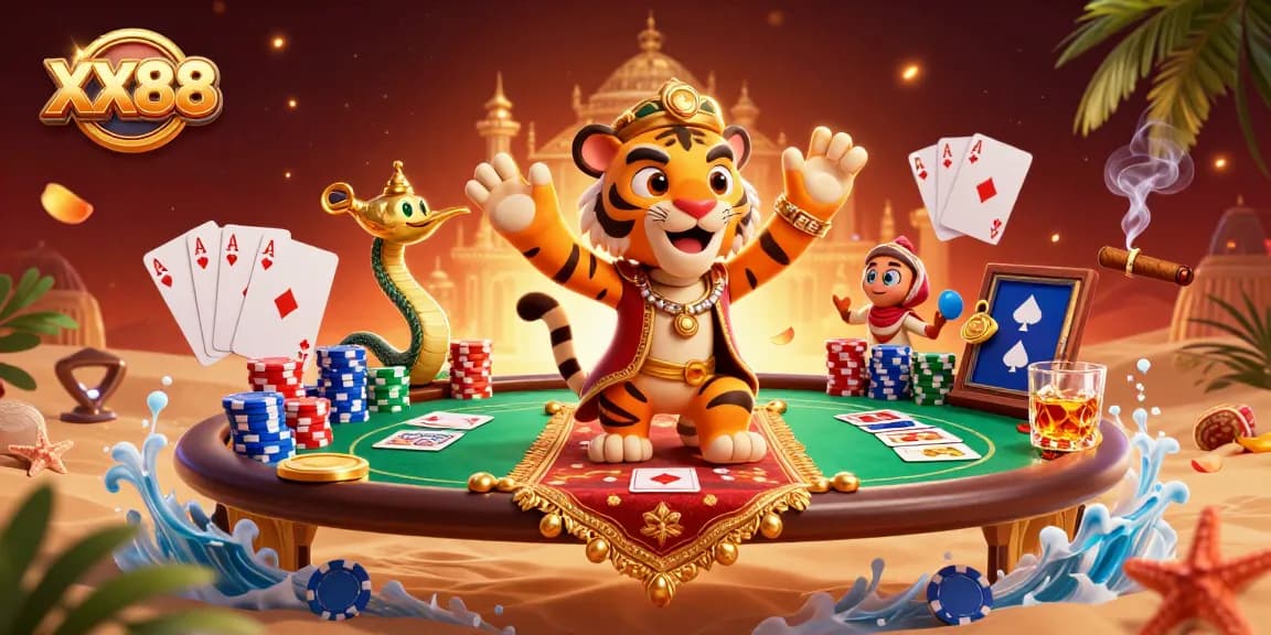 Experience thrilling poker action with XX88 as the tiger sultan and genie companion bring a casino fantasy to life.