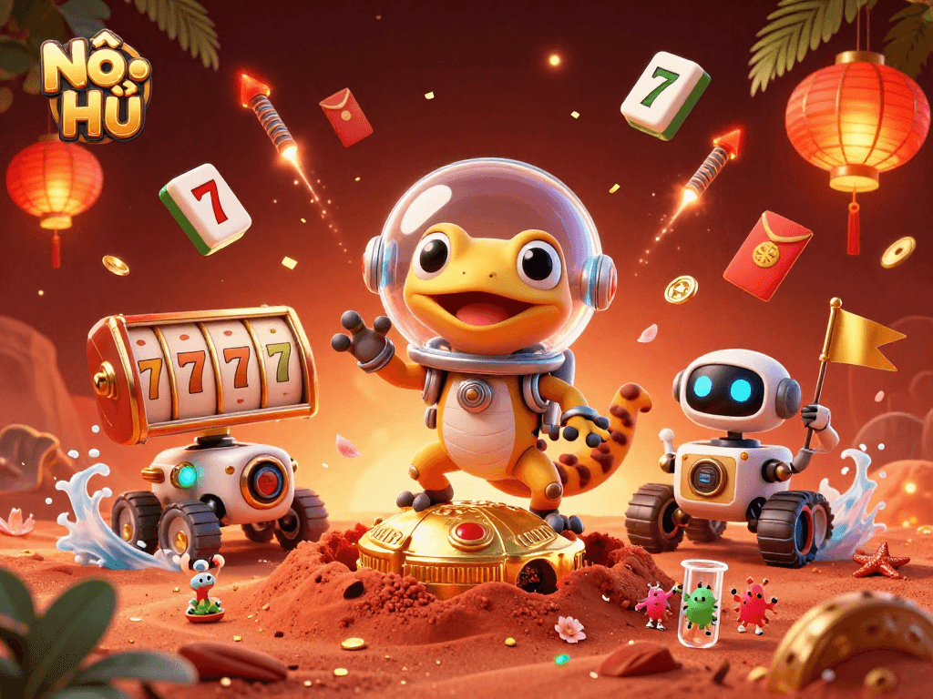 Engage with Nổ Hũ as a Martian gecko uncovers a golden casino amidst vibrant gaming elements.