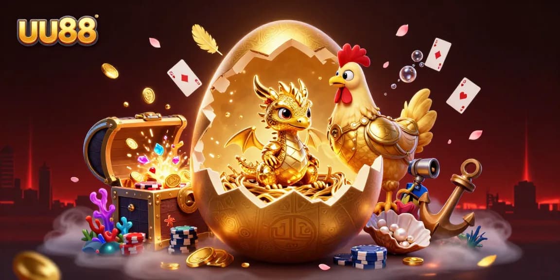 Experience the thrill of uu88 with a dragon emerging from a golden egg surrounded by poker chips and captivating gaming elements.