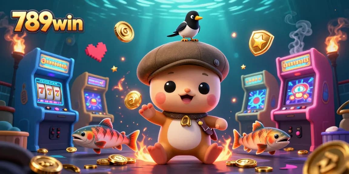 Engage with thrilling games at 789win as cartoon characters enjoy vibrant arcade machine and jackpot fun!