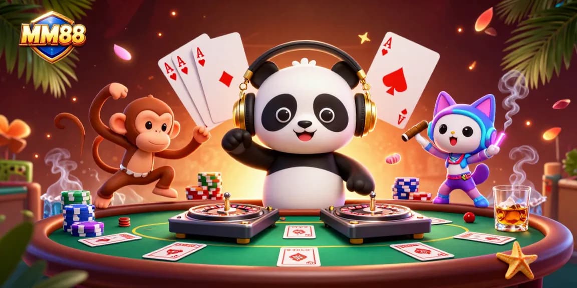Experience thrilling gameplay at MM88 with a vibrant 3D scene featuring a DJ panda and casino elements.