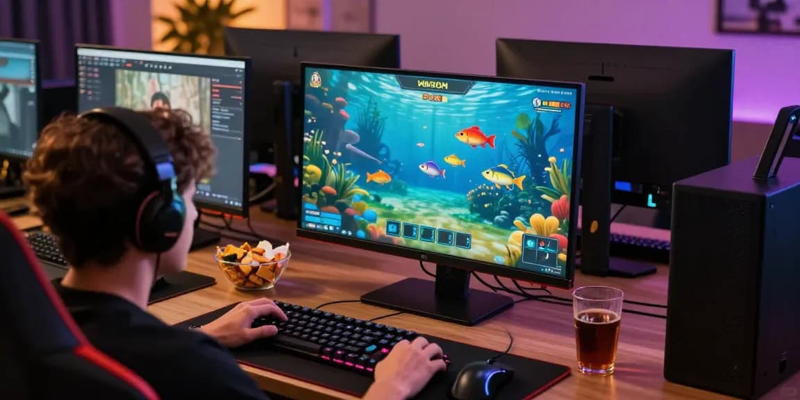 A player enjoys an exciting fishing game at 78wind.com, featuring vivid underwater visuals and gaming accessories.