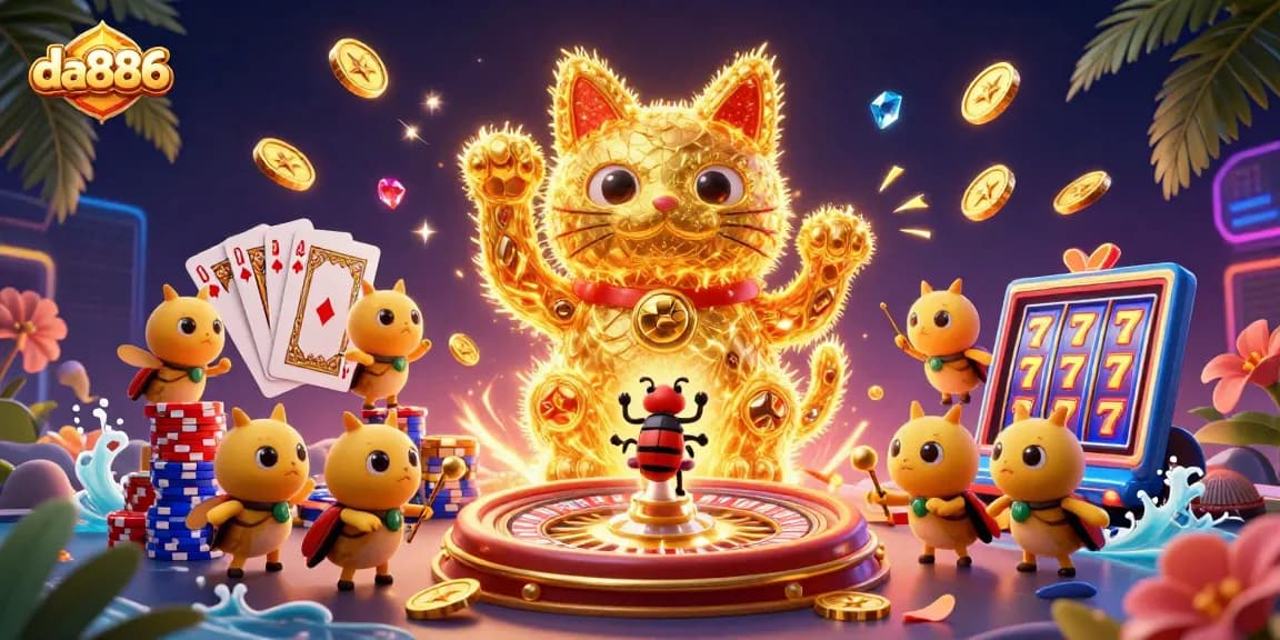 Experience thrilling gaming with da886's lucky cat in a vibrant 3D casino scene.