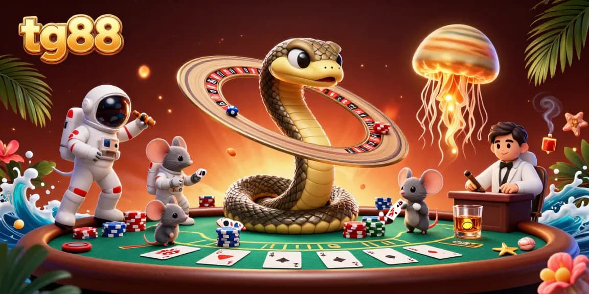 TG88's 3D cosmic casino scene showcases a Saturn ring snake, astronaut mice betting, and vibrant gaming elements.