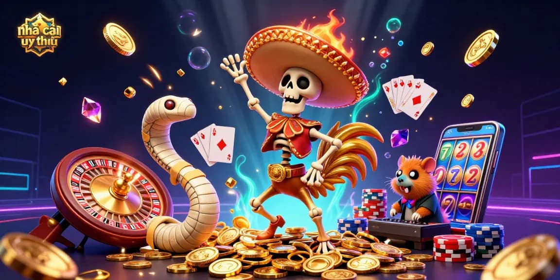 Engaging 3D scene of nhà cái uy tín showcasing a victorious mariachi rooster, mummy snake, and DJ hamster with casino elements.